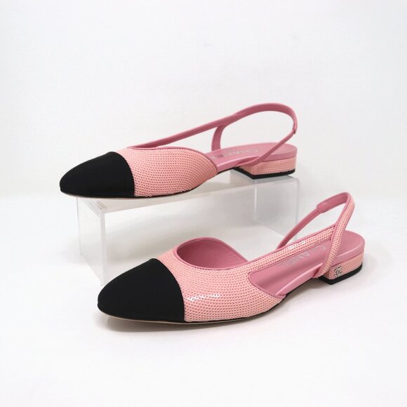 CHANEL 37.5 Pink Sequin Slingback 24P Interlocking CC Logo - Picture 8 of 14